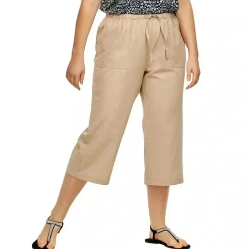 Ellos Linen Blend Drawstring Capri Pants Sz 26 EUC Tan